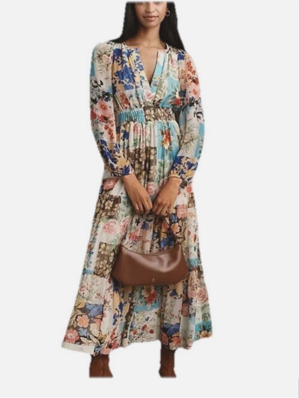 Anthropologie Somerset Chiffon Long Sleeve Ivory Pattern Dress Sz XXS NWT